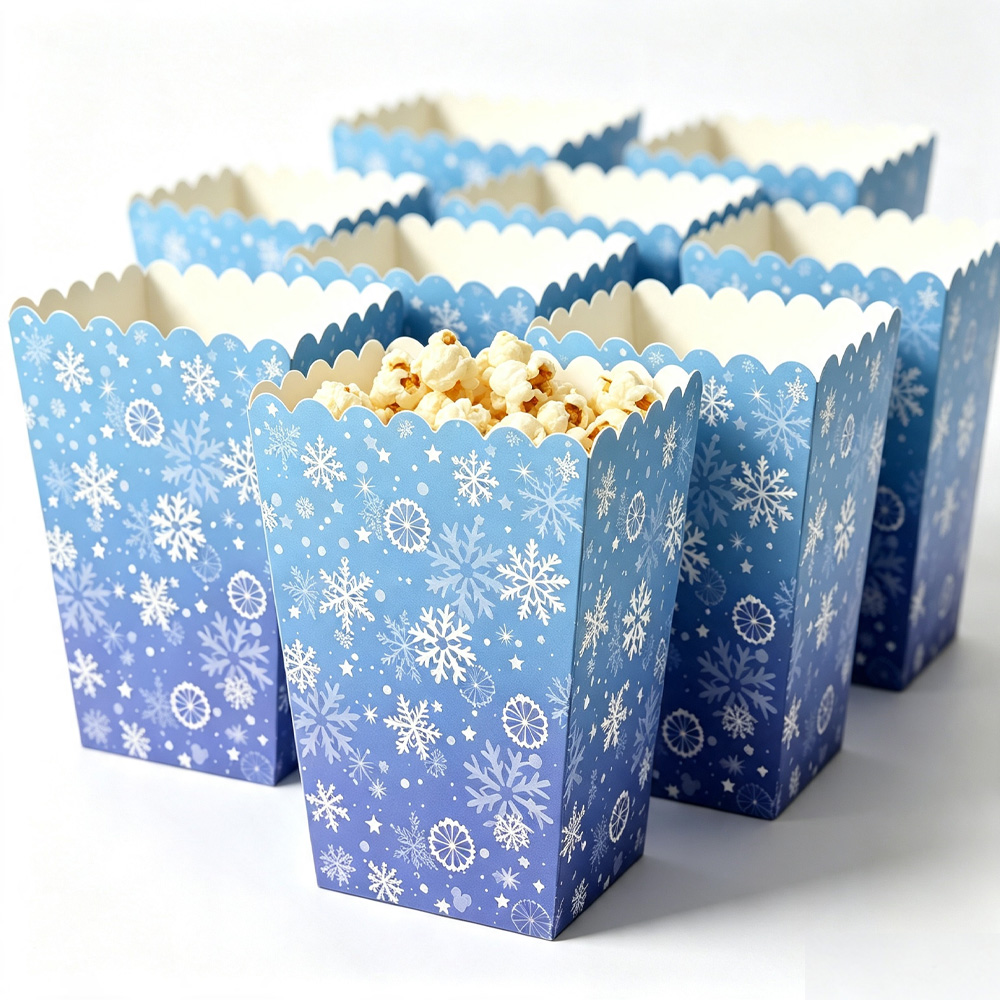 Food Or Snacks - 10-50個入り スノーフレークポップコーンボックス 紙製スナックボックス キャンディークッキー容器 冬のフローズンテーマ クリスマス誕生日パーティー用品
