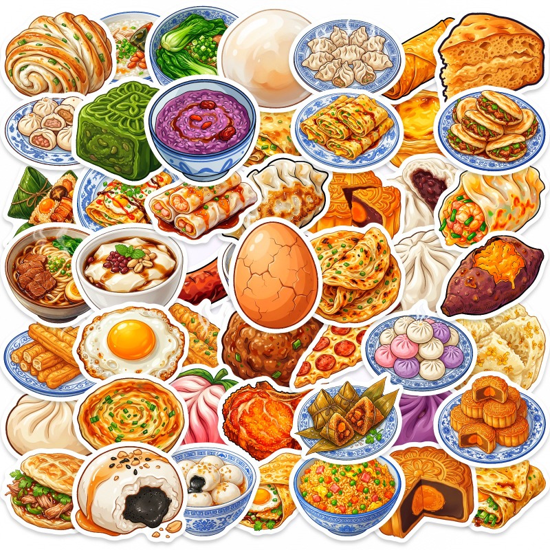 Food Or Snacks - 50枚入り中華料理ダイアリー、重複なしの中華ブランチスナックDIY素材ステッカー