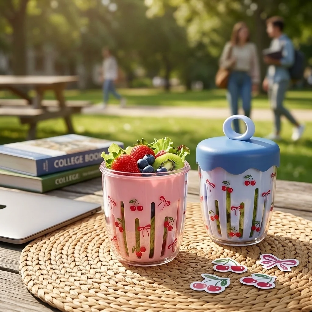 Food Or Snacks - 蓋付きのプラスチック製フルーツサラダカップ、水切りバスケット、フォーク付き、子供用、学校用、お弁当箱、軽食、オートミール、ヨーグルト、食品保存容器。