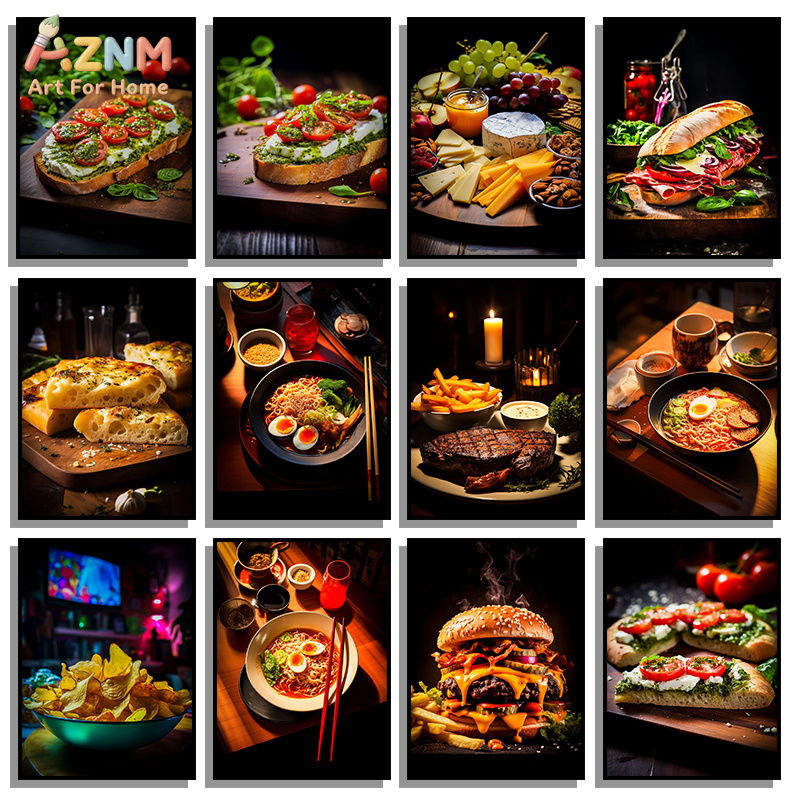 Food Snacks Restaurant - AZNM グルメフードキャンバスポスター フレームレスウォールアート ステーキ ラーメン バーガー