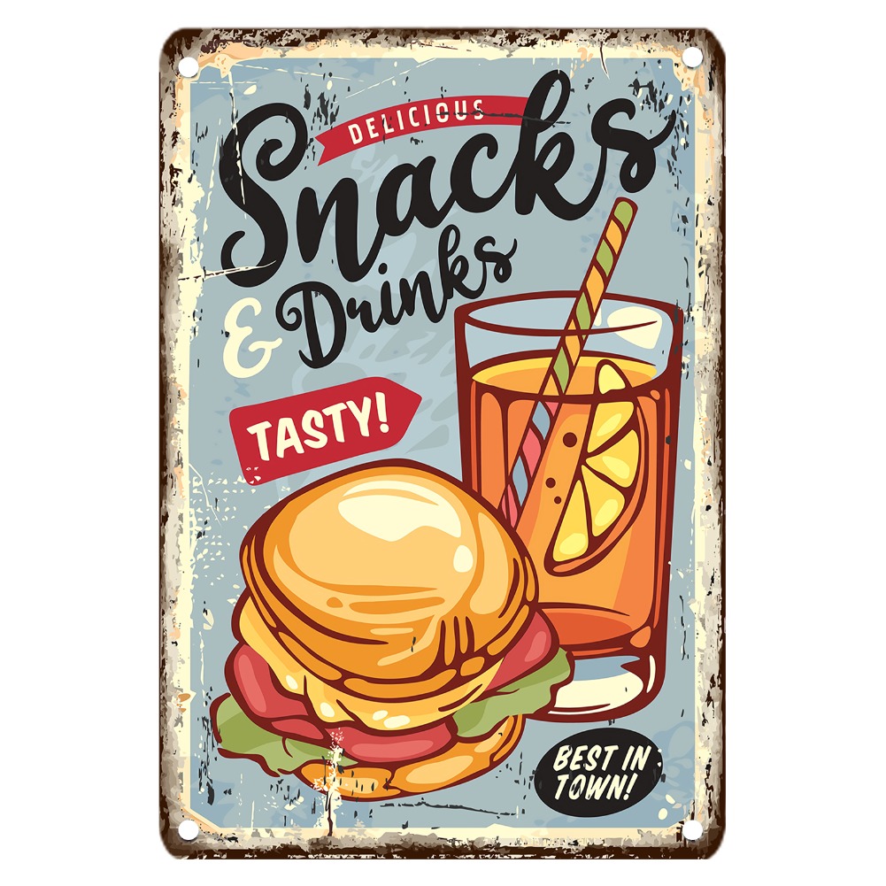 Food Drink Snacks - ヴィンテージフードメタルサイン、12x8インチの鉄製壁飾り、レトロなスナック＆ドリンクデザインの飾り板、簡単に掛けられる穴あけ済み