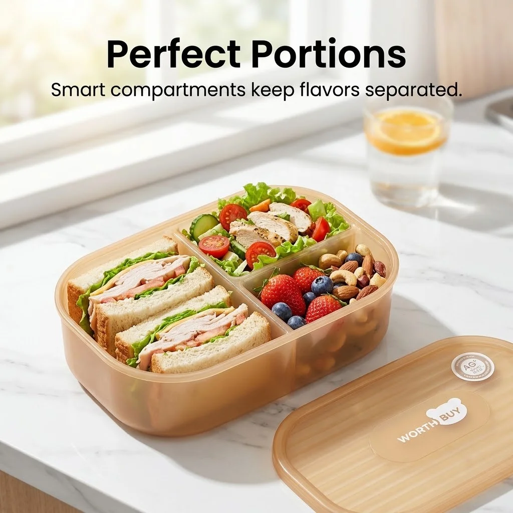 取り外し可能なプラスチック製弁当箱。電子レンジ対応。仕切り付 - Food Or Snacks のレビューと価格